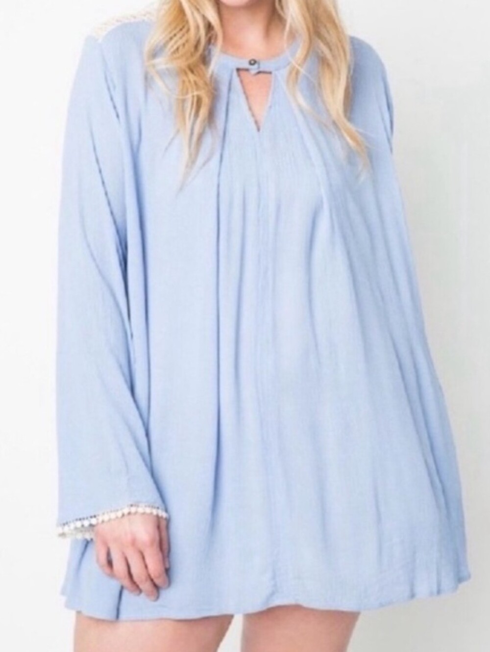 Hayden Light Blue Lace-Trim Long Sleeve Tunic Dress Top Rayon ptp- 24
